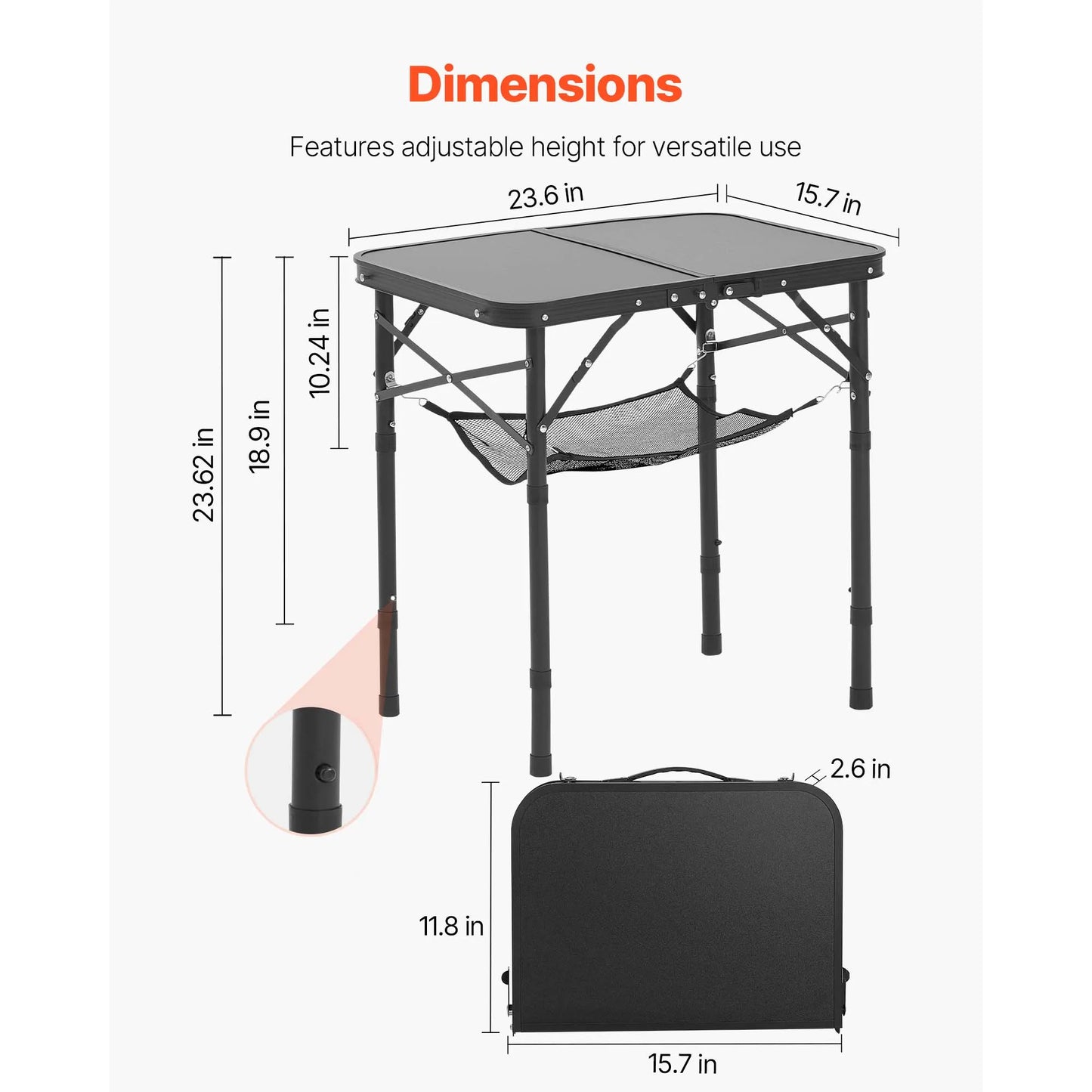 SucceBuy Folding Camping Table Adjustable Height Portable Side Tables Aluminum MDF Beach Table with Mesh Layer for Picnic BBQ