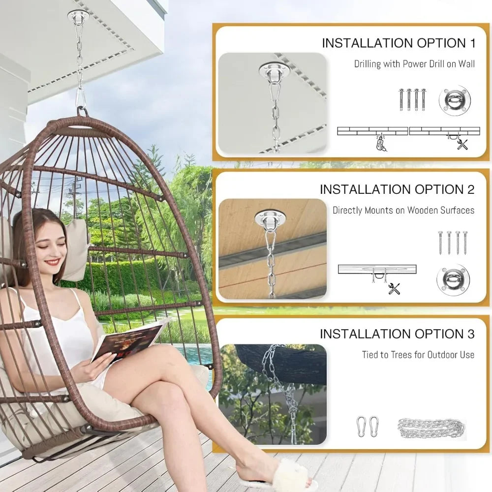 Hanging Egg Chair Without Stand 350lbs Capacity, Beige Wicker Swing Egg Chair with Beige Cushion