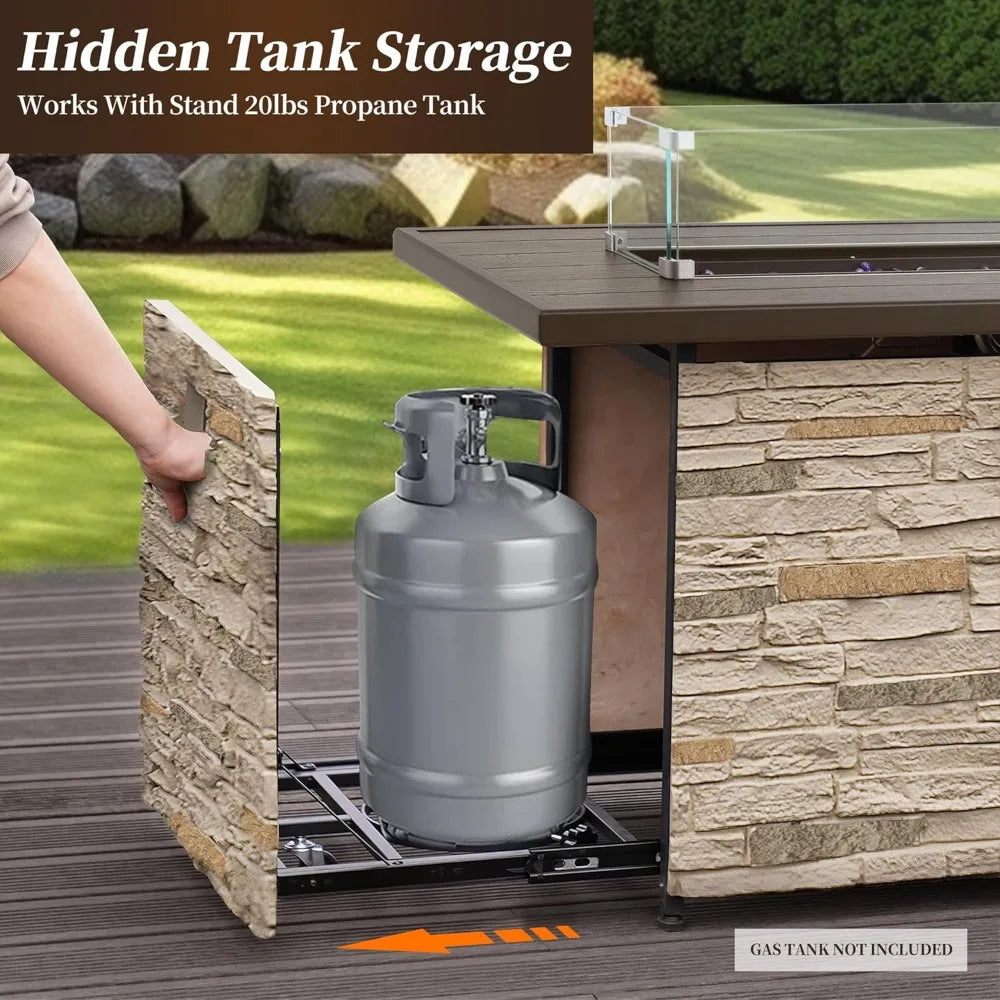 43" Propane Fire Pit Table Outdoor Stone Firepit Table Rectangular 50000 BTU Propane Fire Tables for Outside Patio with Wind Gua