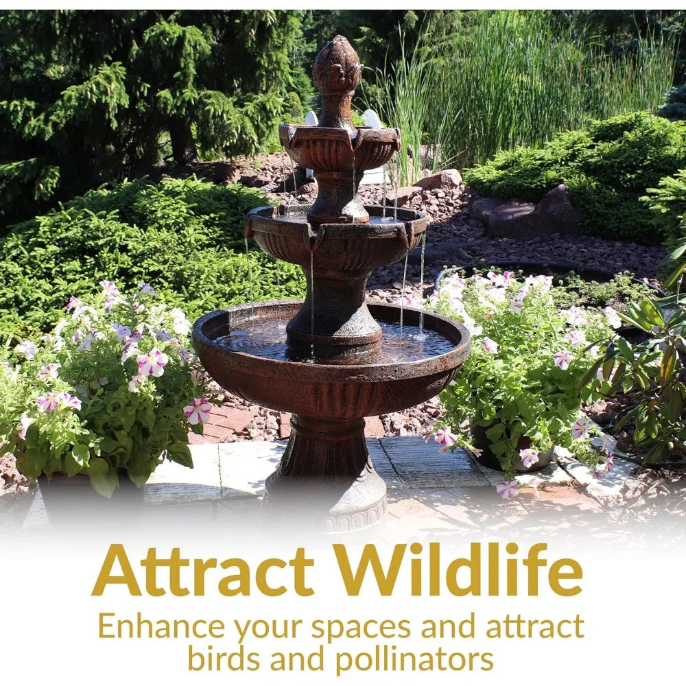 Flower Blossom 43-Inch Electric Water Fountain, Outdoor Water Feature, 3-Tier Fountain, Earth Finish