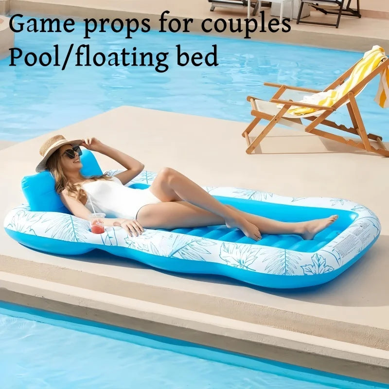 Israeli Double Inflatable Pool Float Mattress 214X145Cm | Blue White Extra Large Floating Beach Chair for Lawn & Water Relaxatio