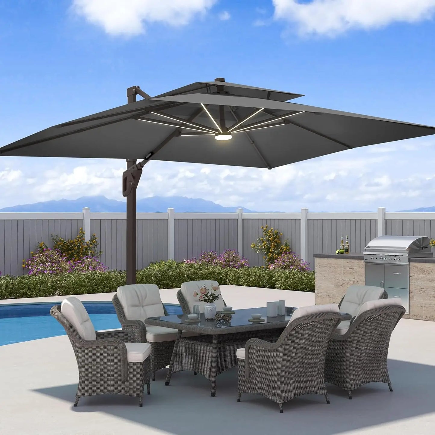 9x12 FT Patio Umbrella with Weighted Base and LED Lights Cantilever Outdoor Large Heavy Duty Rectangle Aluminum, Customized