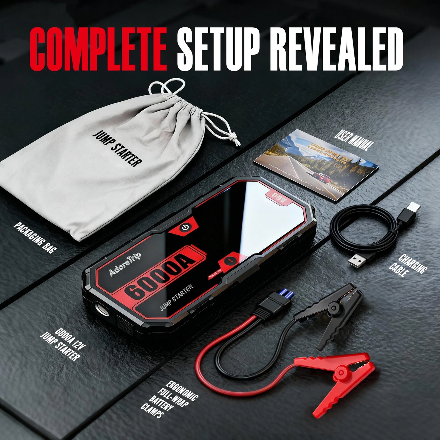 AdoreTrip Car 6000A Portable 12V  Jump Starter Power Bank 12V Auto Battery Charger Booster Starting Device With Led Light