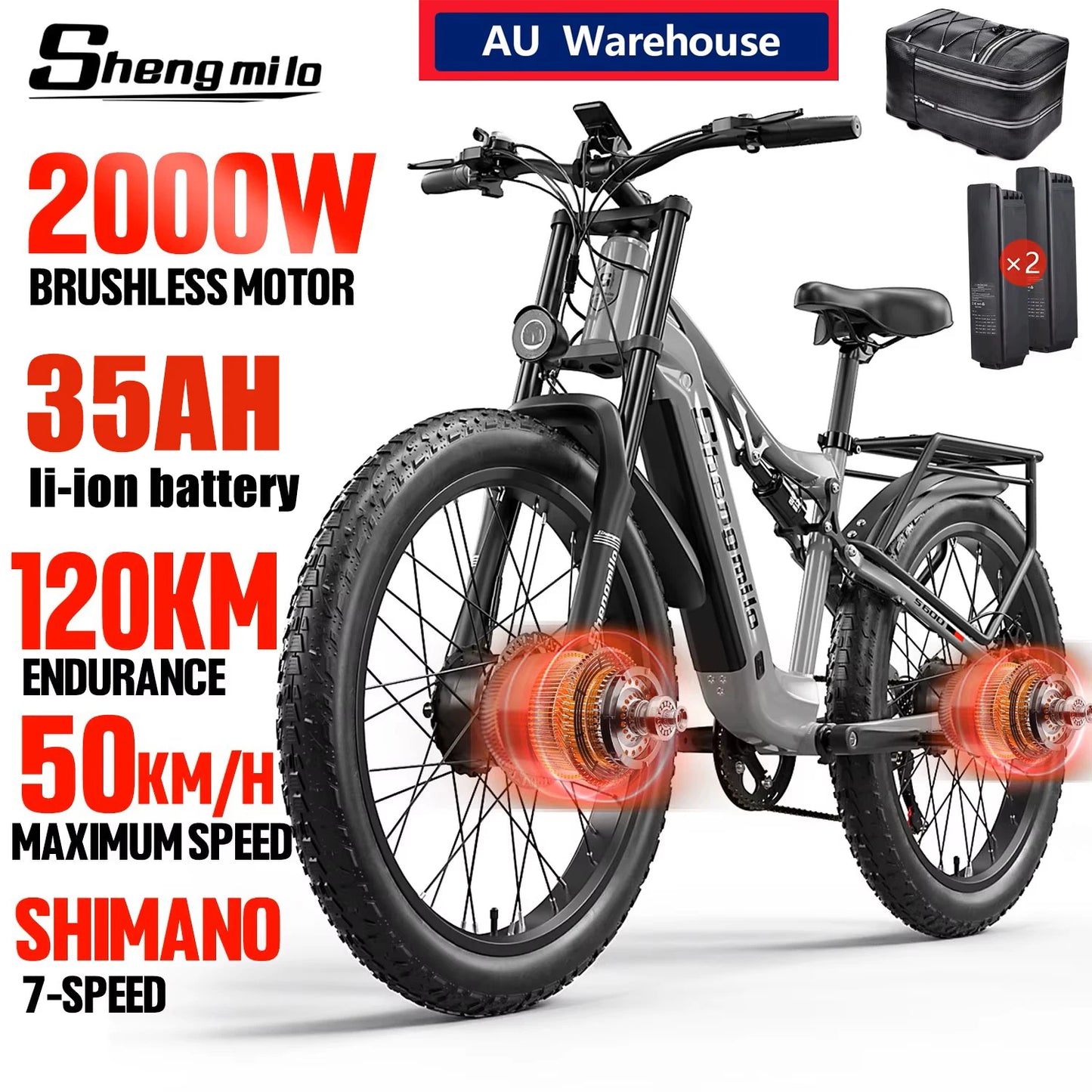 [Sydney Warehouse] Shengmilo S600 2000W Dual Motor 48V 17AH Electric Mountain Bike 26 Inch Adult ebike，Dual Suspension 7 Speed