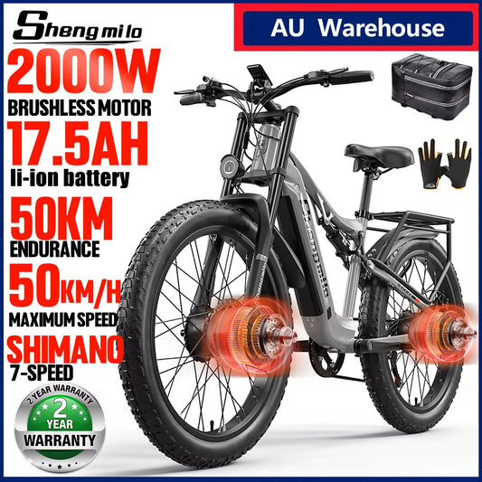 [Sydney Warehouse] Shengmilo S600 2000W Dual Motor 48V 17AH Electric Mountain Bike 26 Inch Adult ebike，Dual Suspension 7 Speed