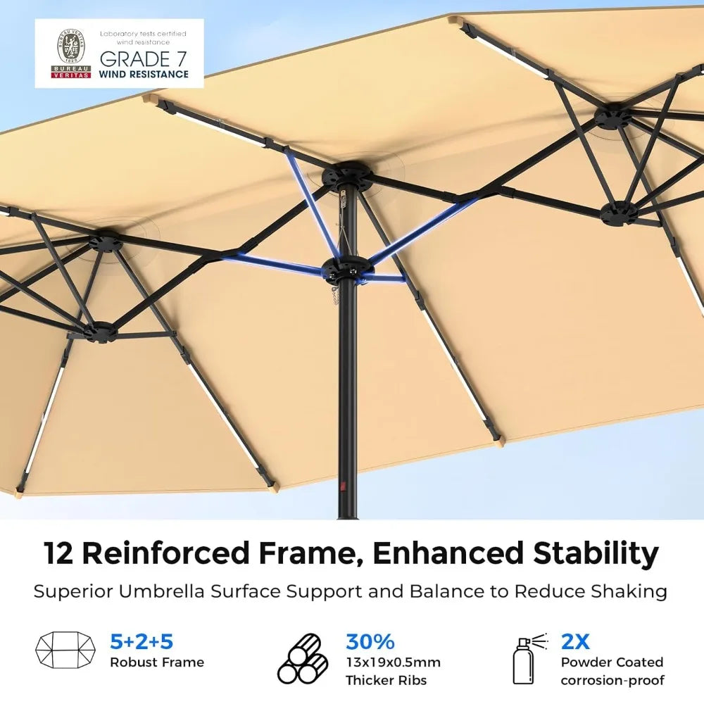 15FT Double Sided Umbrella with Light Bar and Base, Rectangle Oversized Patio Umbrellas, Extra Large Outdoor Table, Customized