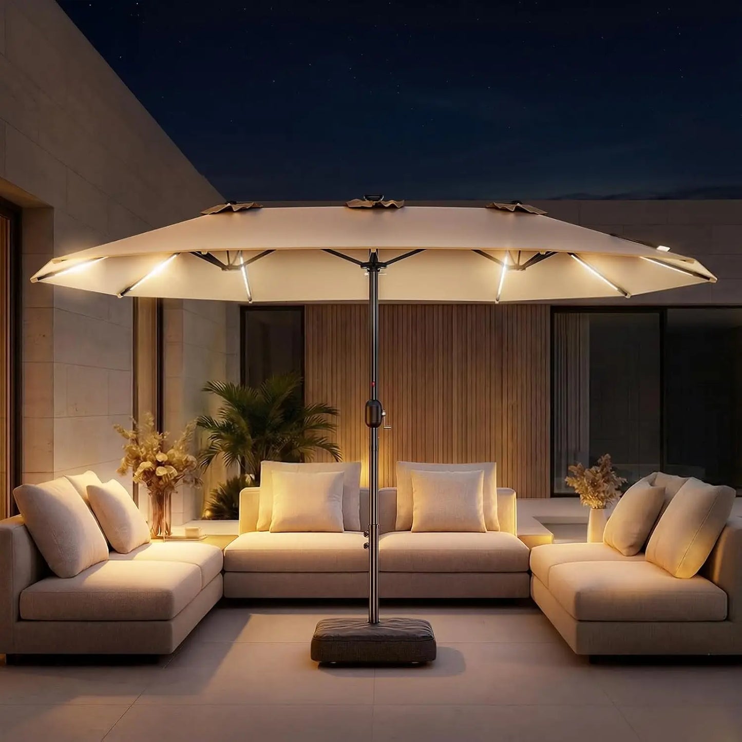 15FT Double Sided Umbrella with Light Bar and Base, Rectangle Oversized Patio Umbrellas, Extra Large Outdoor Table, Customized