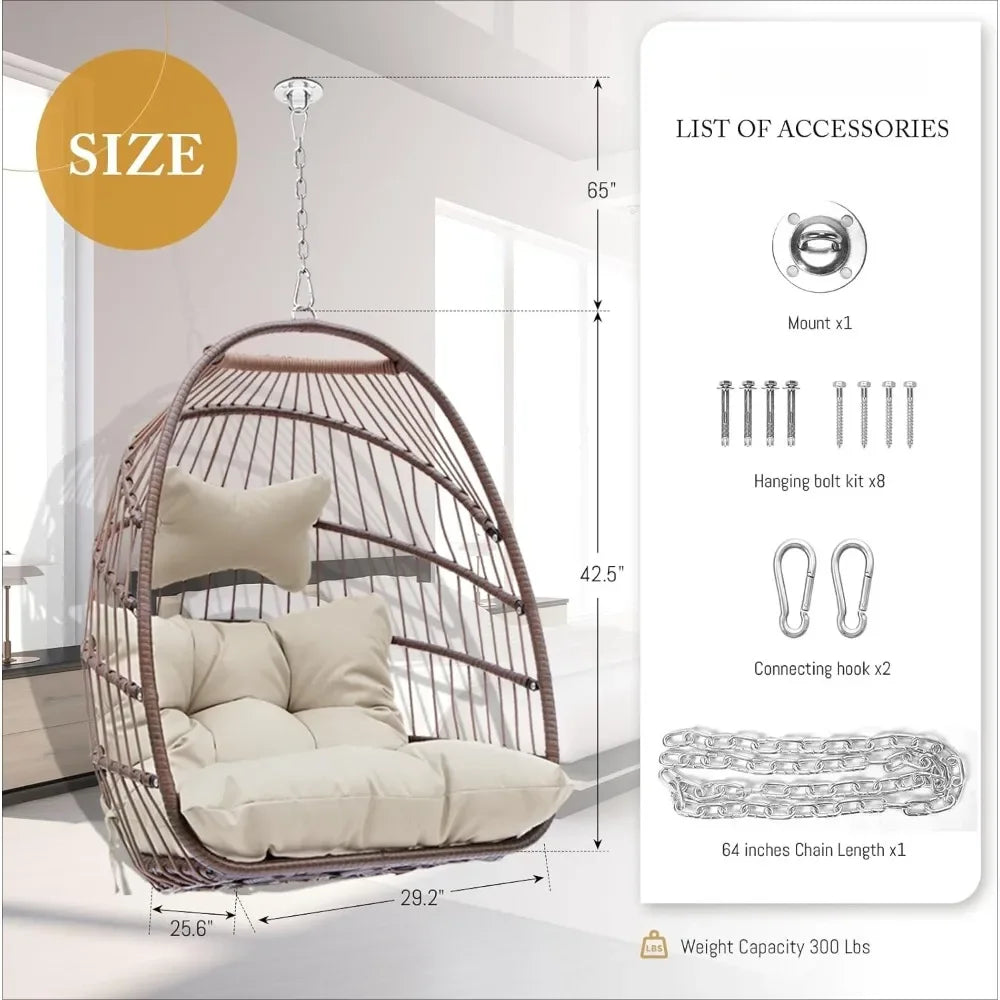 Hanging Egg Chair Without Stand 350lbs Capacity, Beige Wicker Swing Egg Chair with Beige Cushion