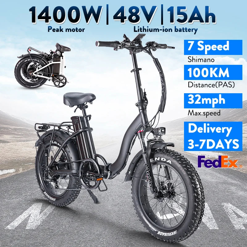 Foldable Ebike for adults 1400W Peak 48V 15AH Li-ion Battery E bike,20 Inch Fat tire,Folding Ebike for Commuter Man Woman