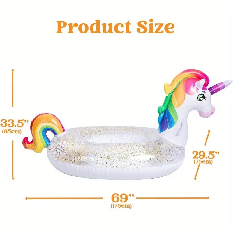 Joyyf Unicorn Pool Float Inflatable Rainbow Floaty with Glitters Fun Pool Float Ride On Unicorn Beach Lake Floaties Raft Lounge