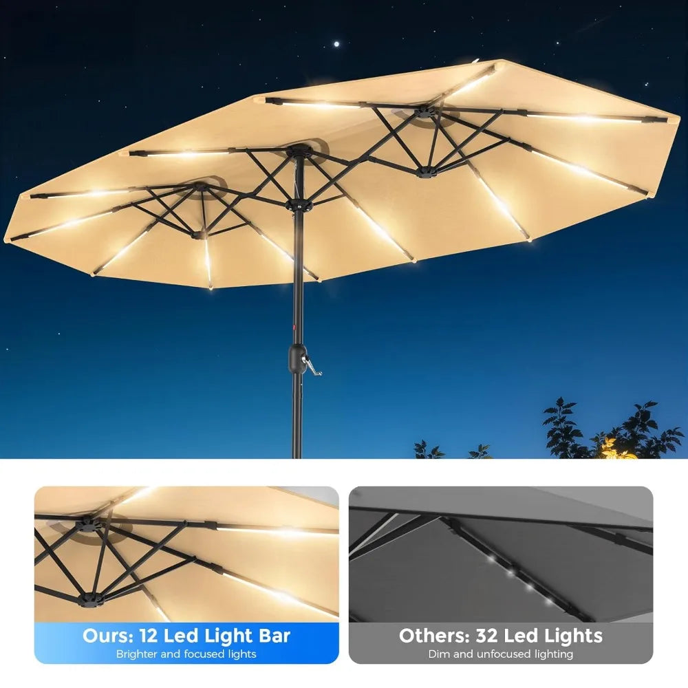 15FT Double Sided Umbrella with Light Bar and Base, Rectangle Oversized Patio Umbrellas, Extra Large Outdoor Table, Customized