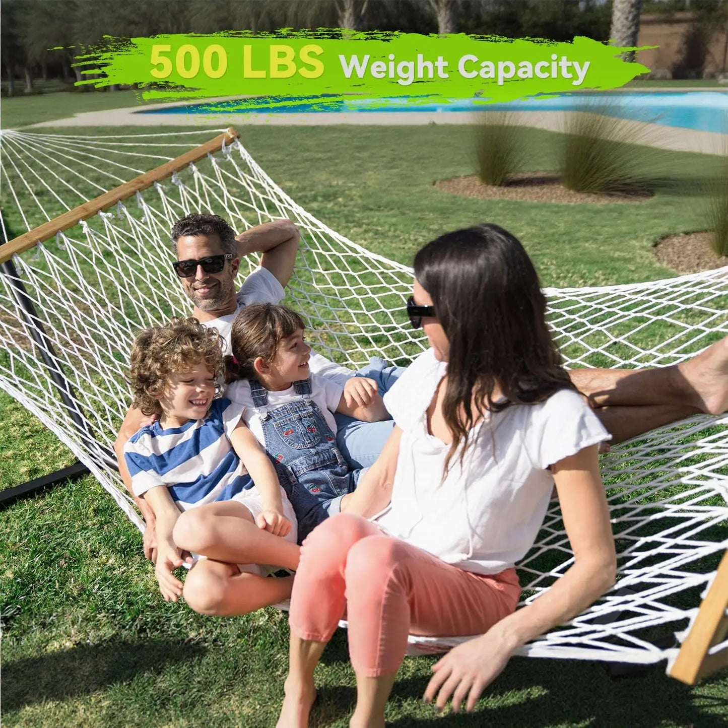 Double Hammock for Two, Handwoven Rope with Spreader Bar - Indoor Outdoor Patio Poolside Backyard Use