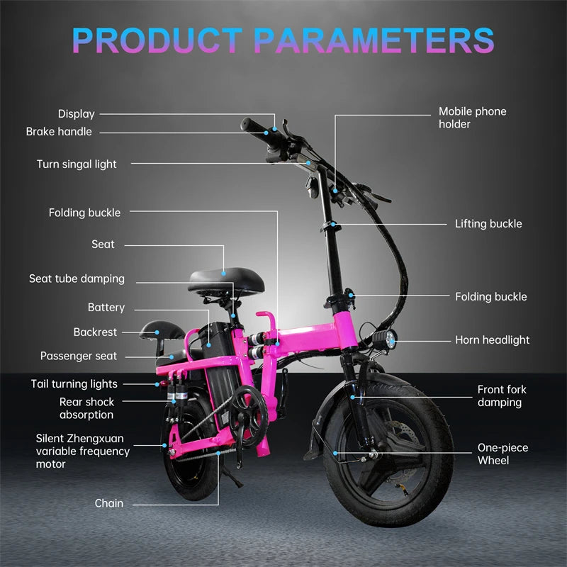 Folding Electric Bicycle 500W Peak Motor 20MPH 48V Long Range Adult E Bike with 20Ah Lithium Battery
