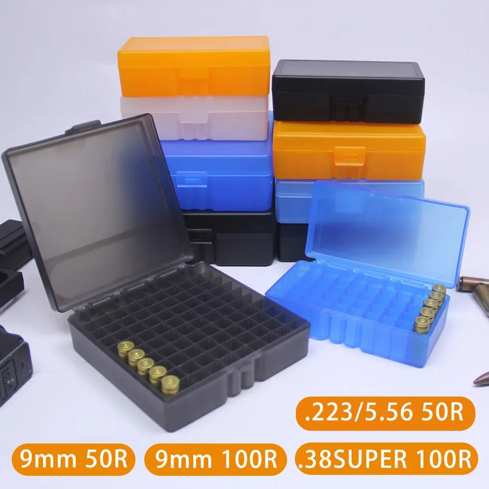 50/100 Rounds Tactical Bullet Box 9mm/.223/.38Super Pistol Rifle Ammo Carry Storage Box Flip-Top Bullets Case Hunting Accessory