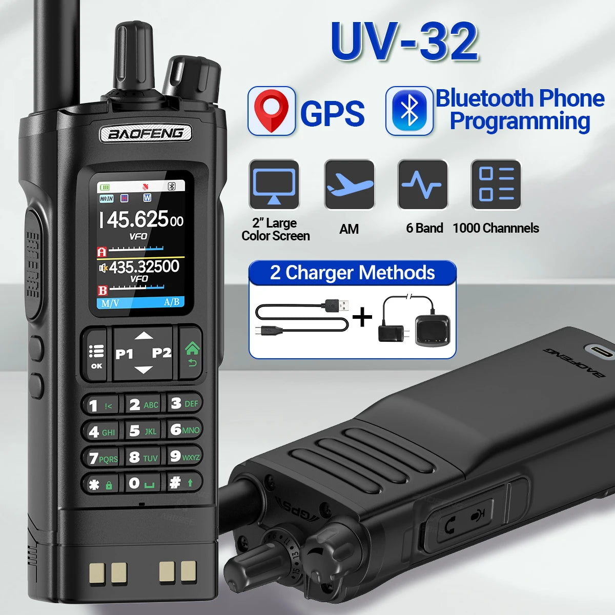 Baofeng UV-32 GPS Walkie Talkie 10W Long Range Multi Band Bluetooth APP Programming Wireless Copy Frequency Type-C Two Way Radio