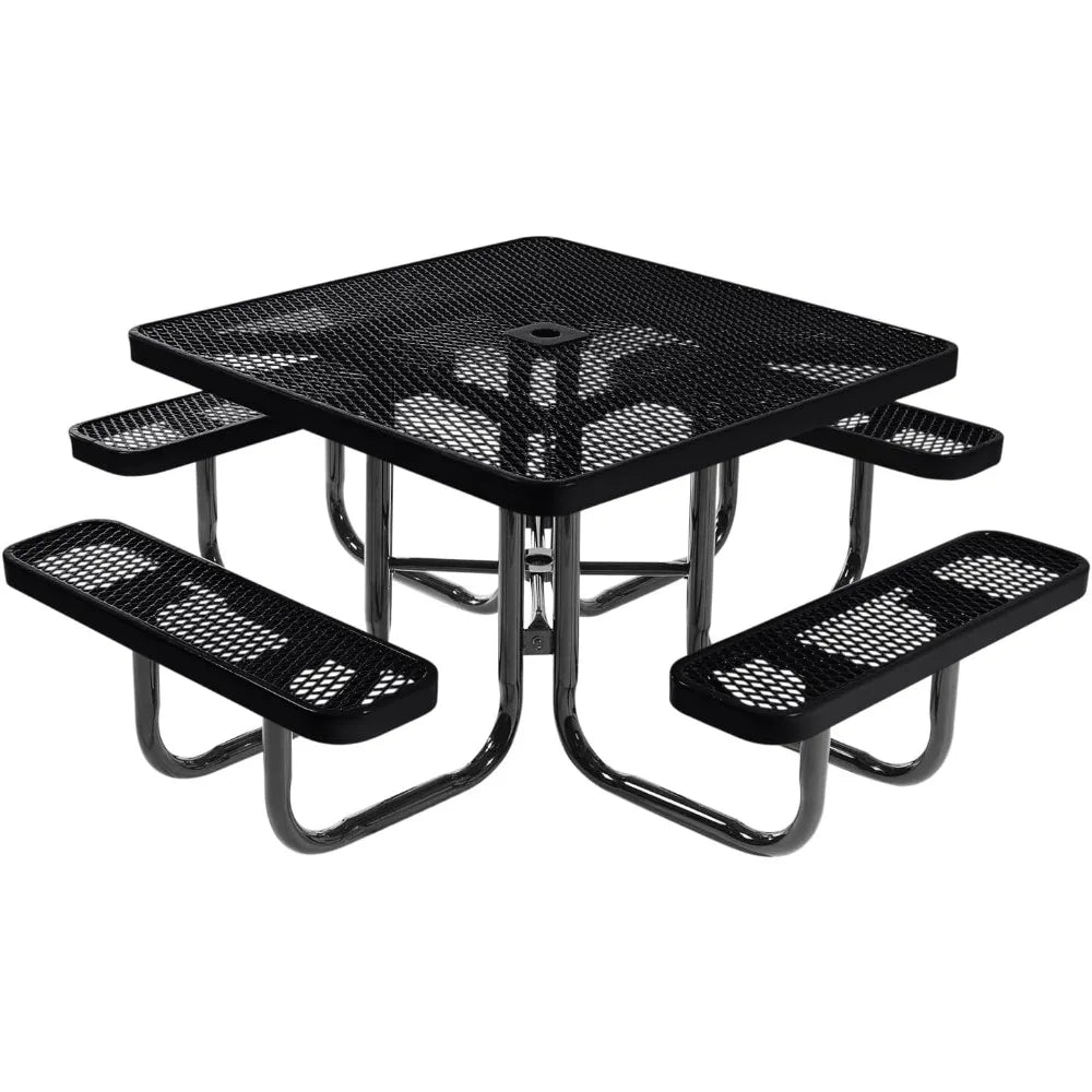 Coated Outdoor Furniture Heavy-Duty Portable Outdoor Picnic Table with Umbrella Hole, Expanded Metal Commercial-Grade Patio