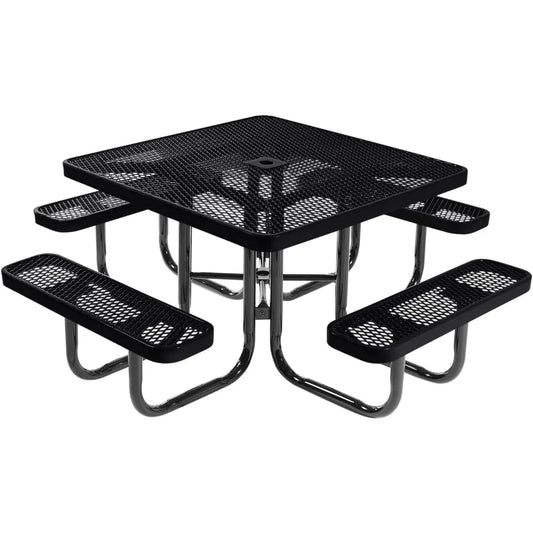 Coated Outdoor Furniture Heavy-Duty Portable Outdoor Picnic Table with Umbrella Hole, Expanded Metal Commercial-Grade Patio