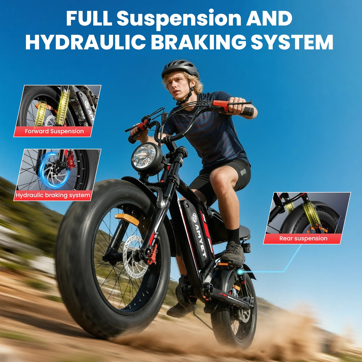 AMYET S8-S Peak 1500W Electric Bike for Adults 48V 20Ah Ebike 30MPH Electric Bicycles Hydraulic Disc Brake Full Suspension Fork