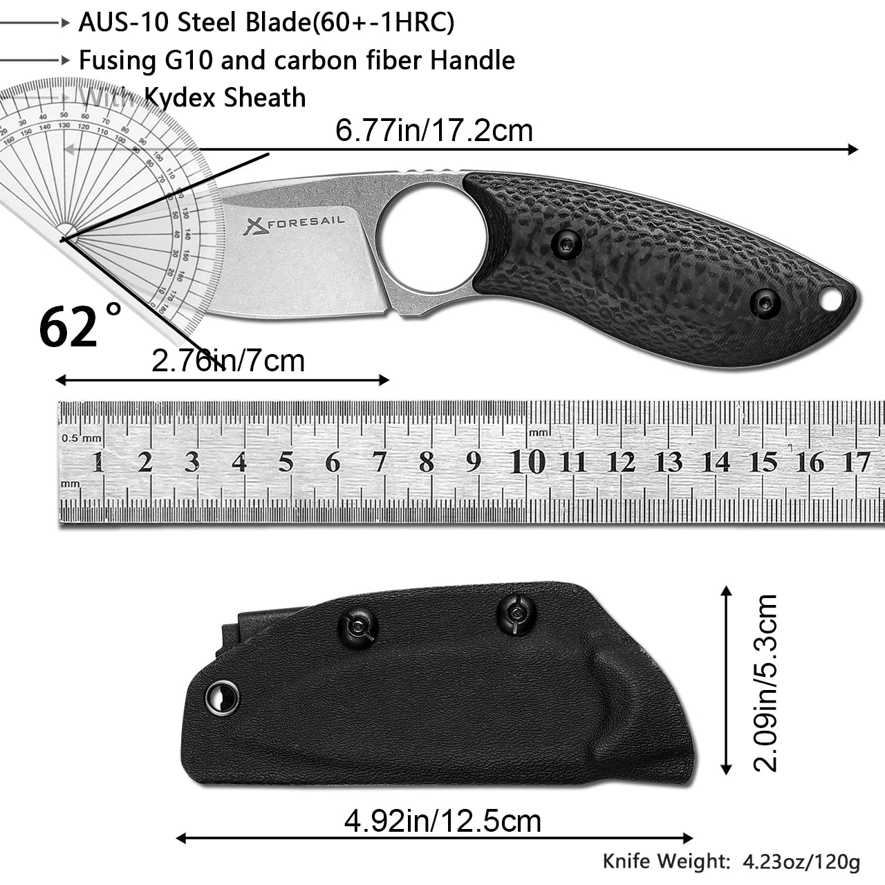 Fixed Blade Knife with Kydex Sheath.3.75in DC53 Blade EDC Camping Fixed Blade Knife with G10 Handle.Outdoor  Tool EDC