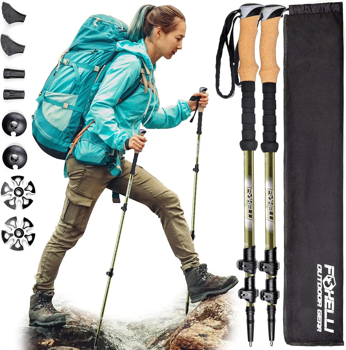 Carbon Fiber Trekking Poles – Lightweight Collapsible Hiking Poles with Cork Grips, Quick Flip Locks