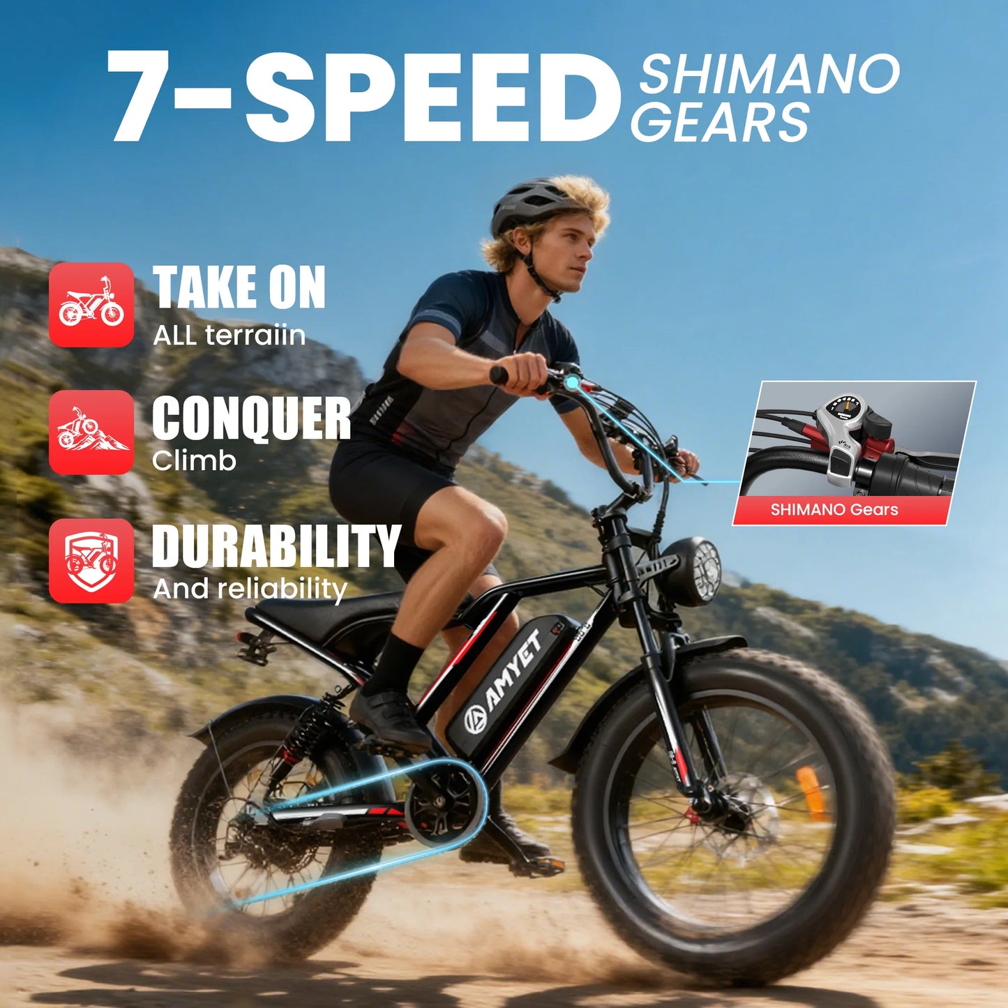 AMYET S8-S Peak 1500W Electric Bike for Adults 48V 20Ah Ebike 30MPH Electric Bicycles Hydraulic Disc Brake Full Suspension Fork