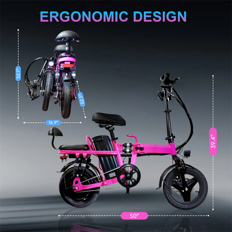 Folding Electric Bicycle 500W Peak Motor 20MPH 48V Long Range Adult E Bike with 20Ah Lithium Battery
