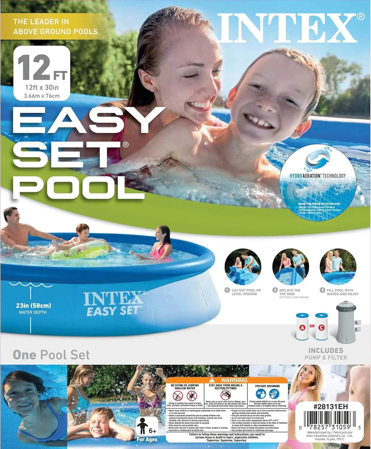 12ft x 30in Inflatable Above Ground Pool with Filter Pump & Cartridges for 4 People