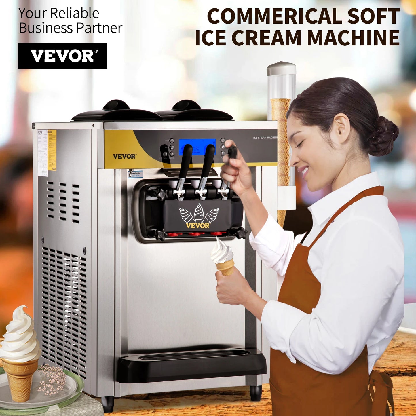 SucceBuy 22-30 L/H Soft Ice Cream Machines Commercial Tricolor Desktop Sweet Cone Freezing Equipment Vending Machine