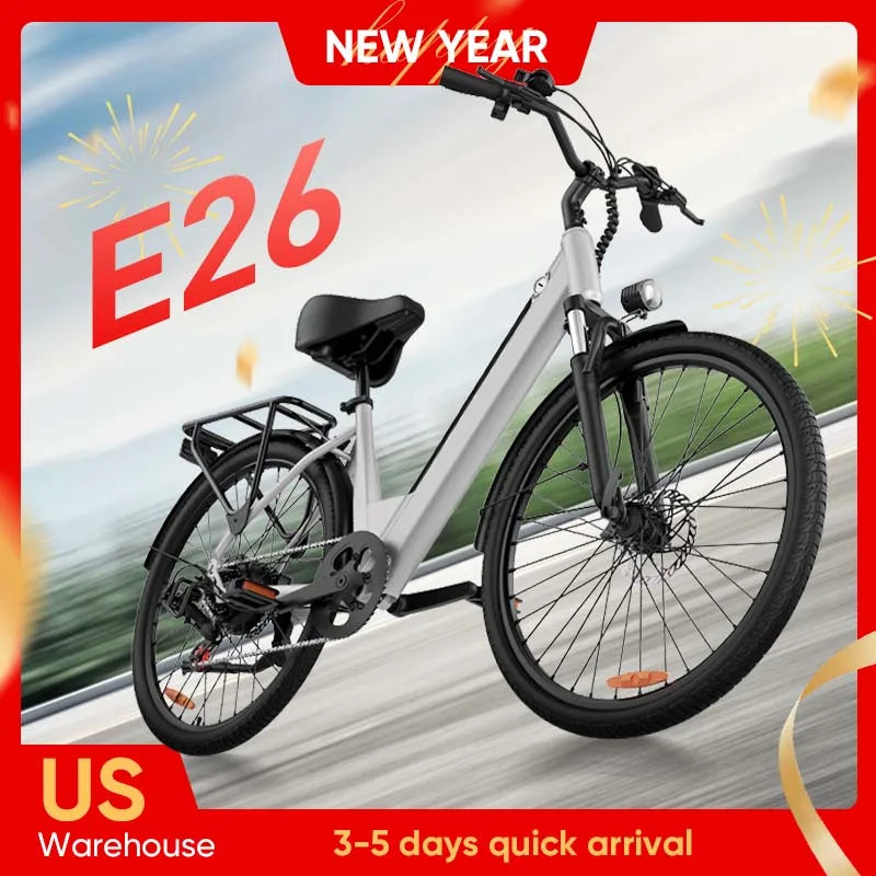 750W E-Bike Commuter 26x2" Tires 48V 10.4Ah Removable LCD Display 20MPH Speed 7-Speeds Hydraulic Disc Brakes for Adults