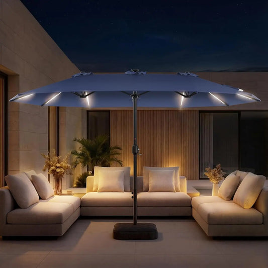 15FT Double Sided Umbrella with Light Bar and Base, Rectangle Oversized Patio Umbrellas, Extra Large Outdoor Table, Customized