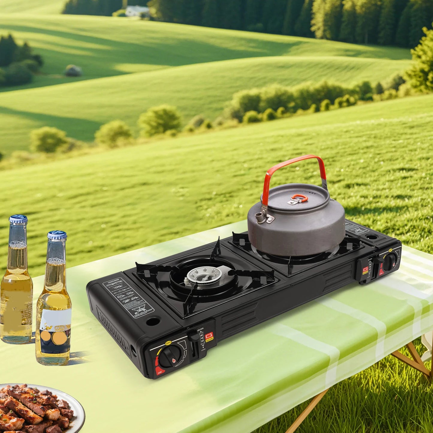 2500W Portable Camping Stove With 2 Burners Baking Tray Case