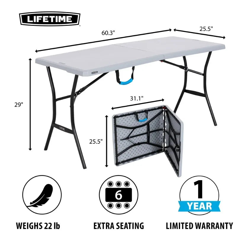 5 Foot Rectangle Fold-in-Half Table, Indoor/Outdoor Essential, Gray, 60.3" x 25.5" (80861)