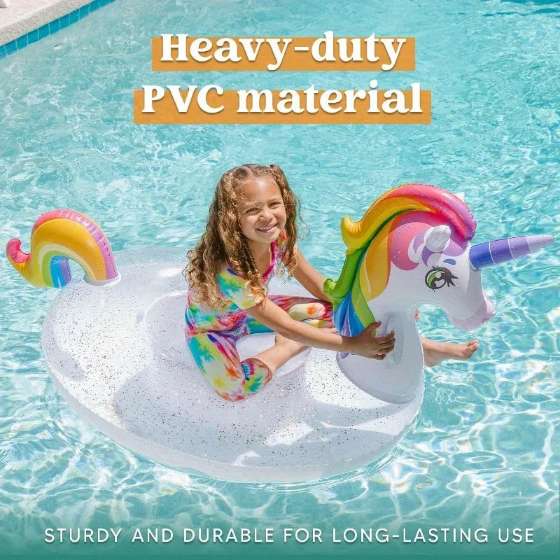 Joyyf Unicorn Pool Float Inflatable Rainbow Floaty with Glitters Fun Pool Float Ride On Unicorn Beach Lake Floaties Raft Lounge