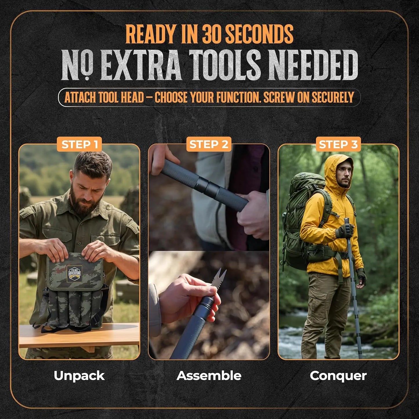 Hiking Tactical Stick - Collapsible Trekking Pole, 15-in-1 Multitool, 8-Tube Outdoor Gear