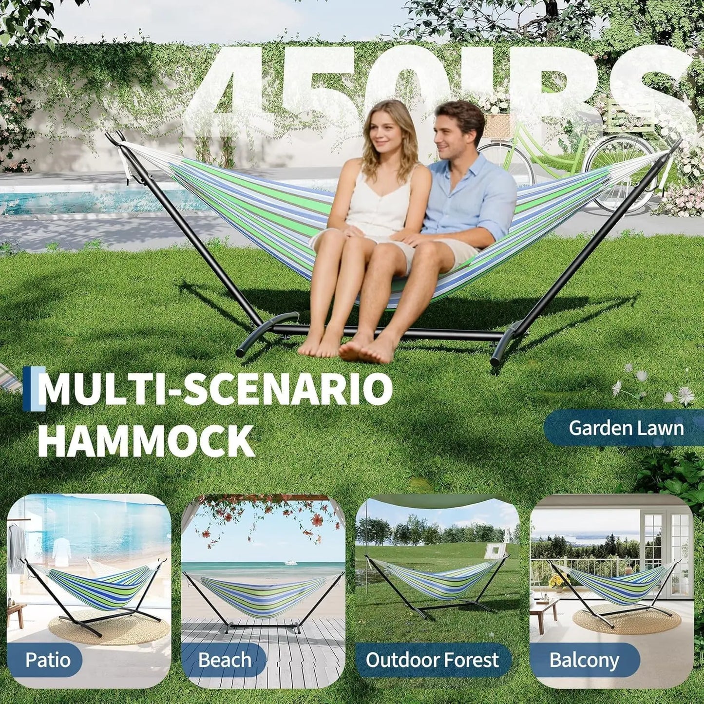 Portable Double Hammock With Stand, Heavy-Duty Steel Frame, 450 Lbs
