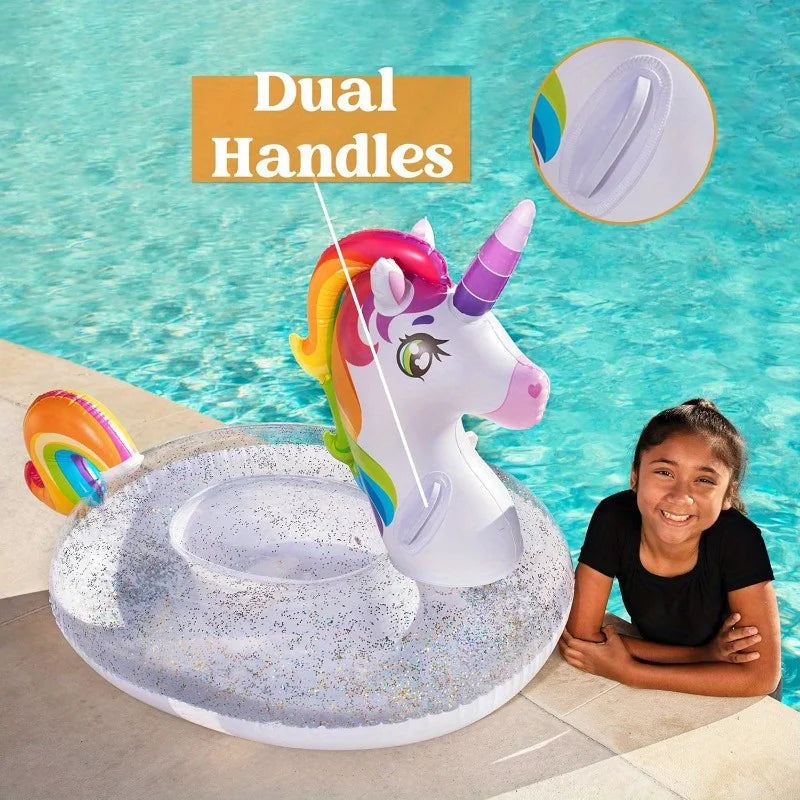 Joyyf Unicorn Pool Float Inflatable Rainbow Floaty with Glitters Fun Pool Float Ride On Unicorn Beach Lake Floaties Raft Lounge