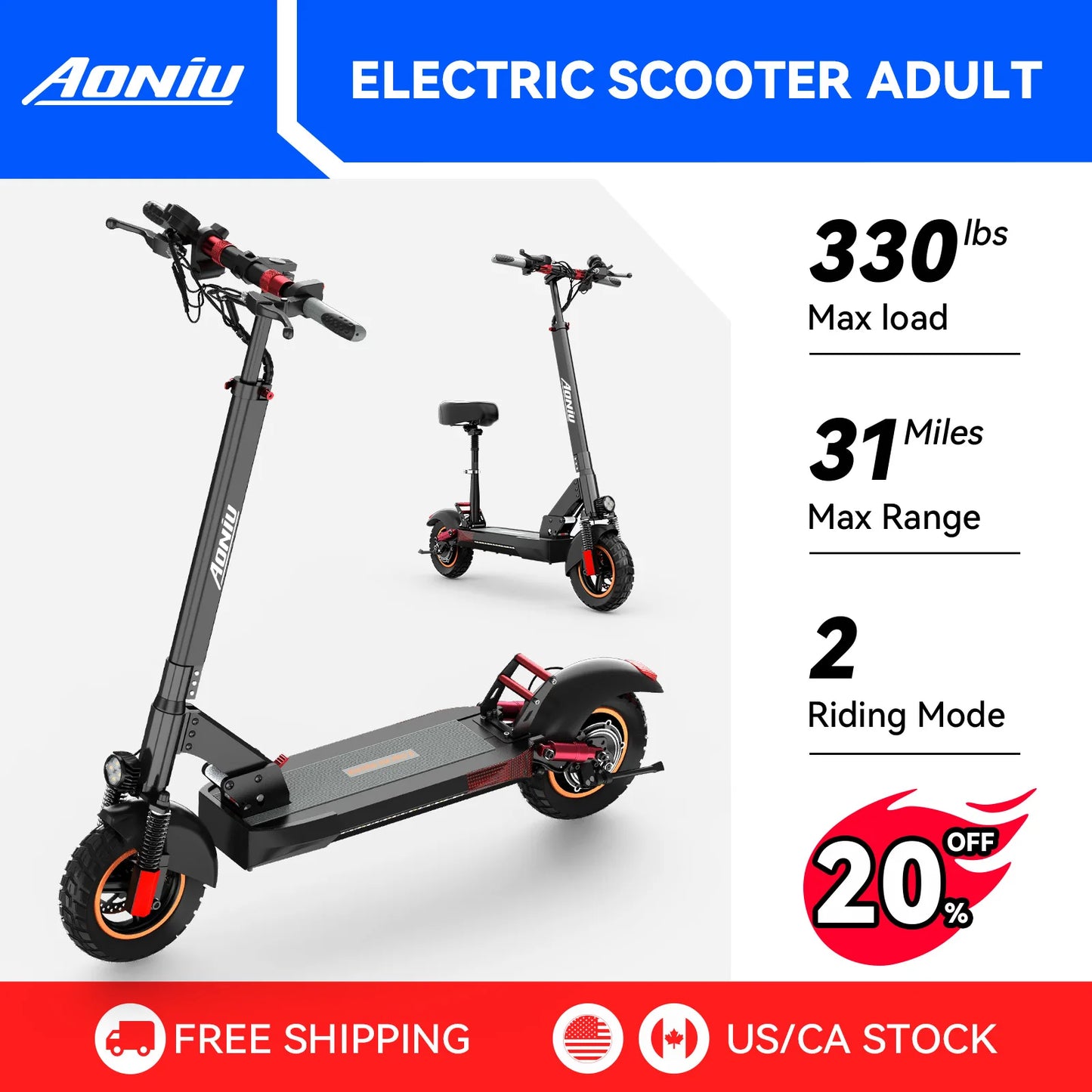 AONIU M4 Electric Scooter for Adults with seat 28mph Speed 31Miles Heavy Duty 330+ lbs 10inch Off Road Wheel Foldable Escooter