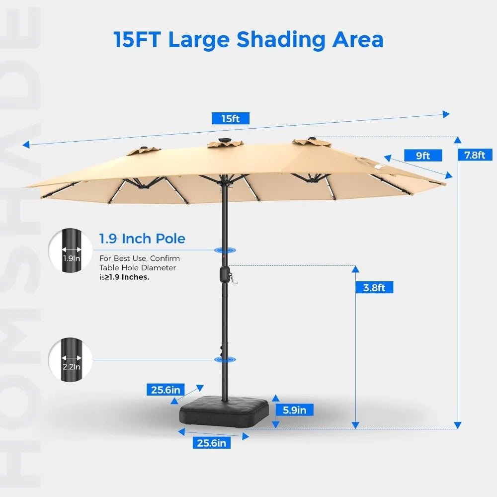 15FT Double Sided Umbrella with Light Bar and Base, Rectangle Oversized Patio Umbrellas, Extra Large Outdoor Table, Customized
