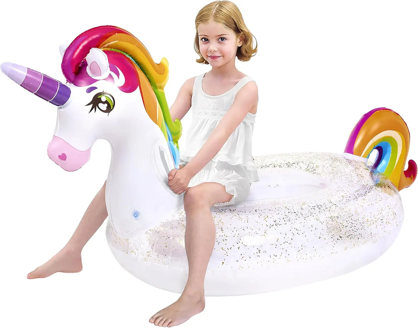Joyyf Unicorn Pool Float Inflatable Rainbow Floaty with Glitters Fun Pool Float Ride On Unicorn Beach Lake Floaties Raft Lounge