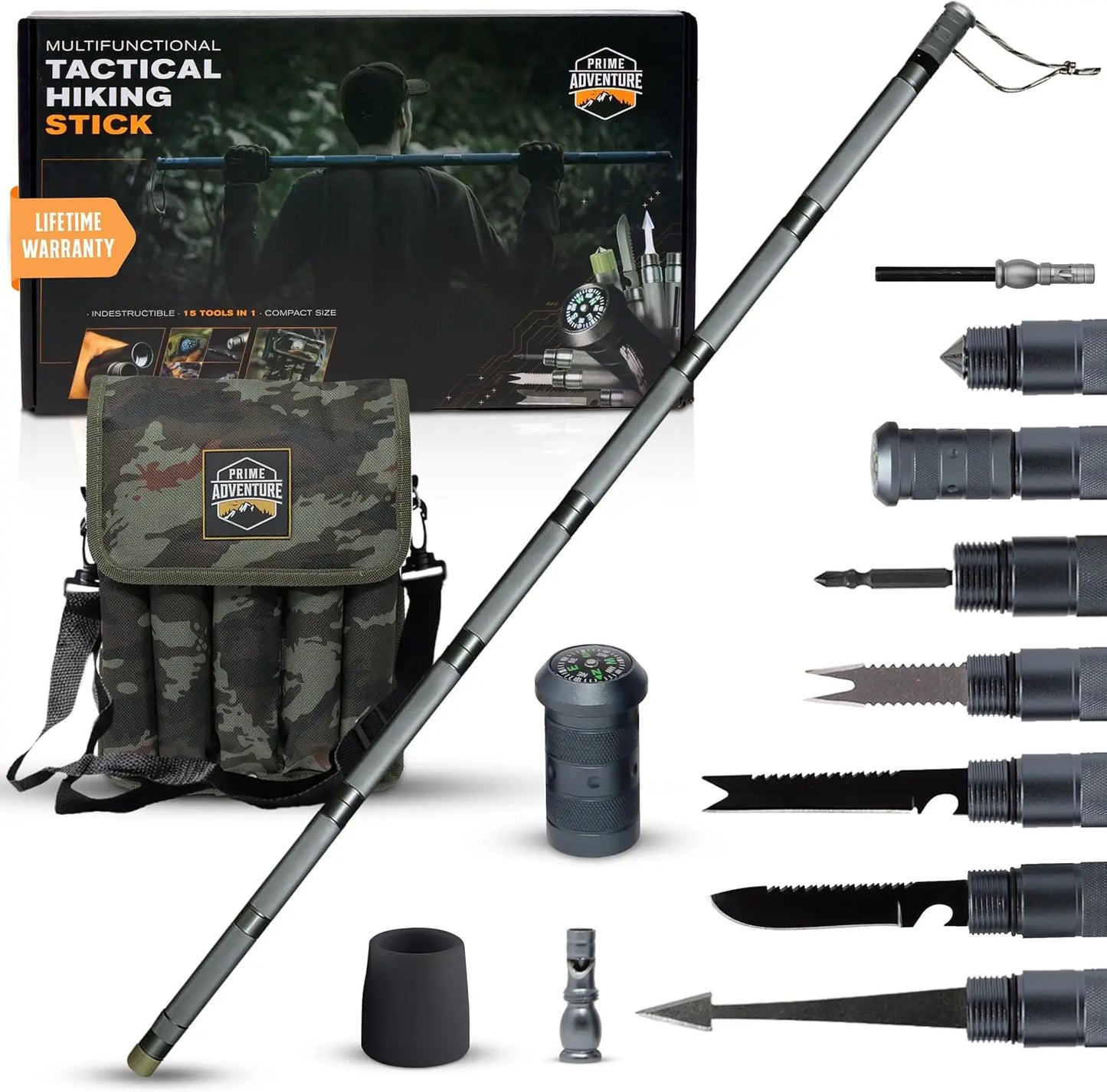 Hiking Tactical Stick - Collapsible Trekking Pole, 15-in-1 Multitool, 8-Tube Outdoor Gear