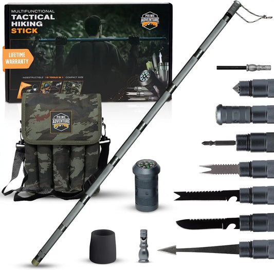 Hiking Tactical Stick - Collapsible Trekking Pole, 15-in-1 Multitool, 8-Tube Outdoor Gear
