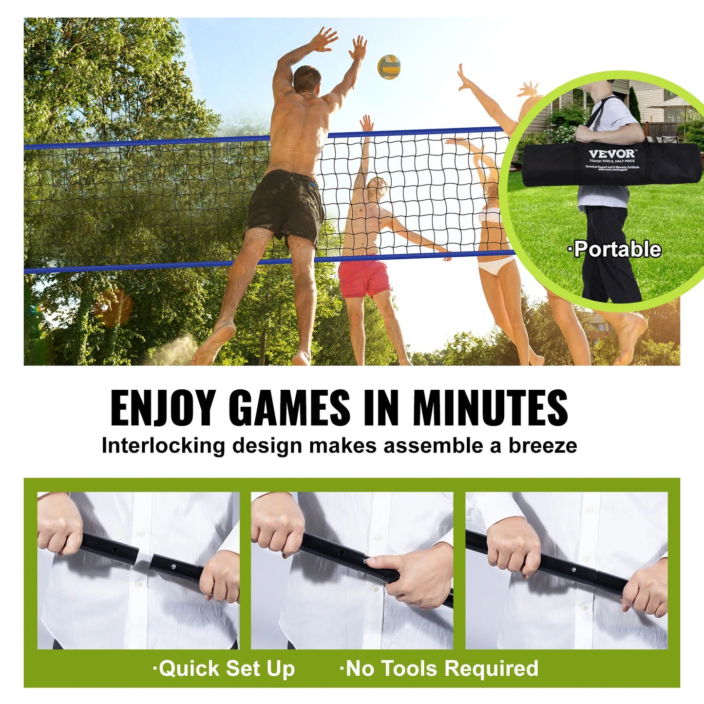 SucceBuy Outdoor Volleyball Net System Adjustable Height Steel Poles with PVC Volleyball Pump Carrying Bag for Beach Lawn