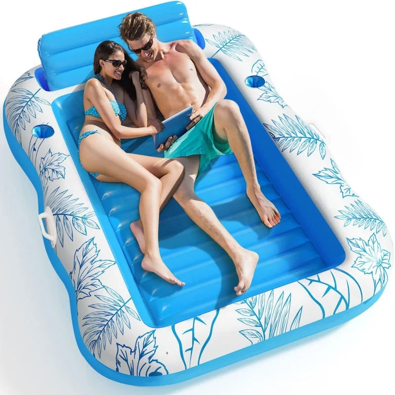 Israeli Double Inflatable Pool Float Mattress 214X145Cm |   Blue White Extra Large Floating Beach Chair for Lawn & Water Relaxatio