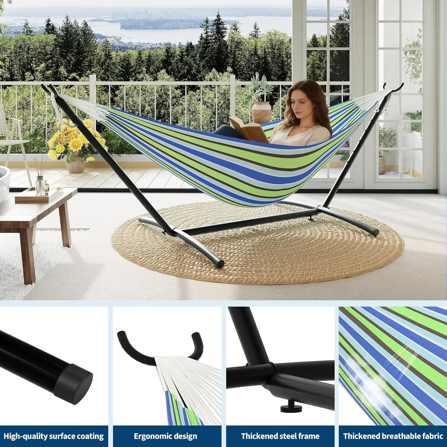 Portable Double Hammock With Stand, Heavy-Duty Steel Frame, 450 Lbs