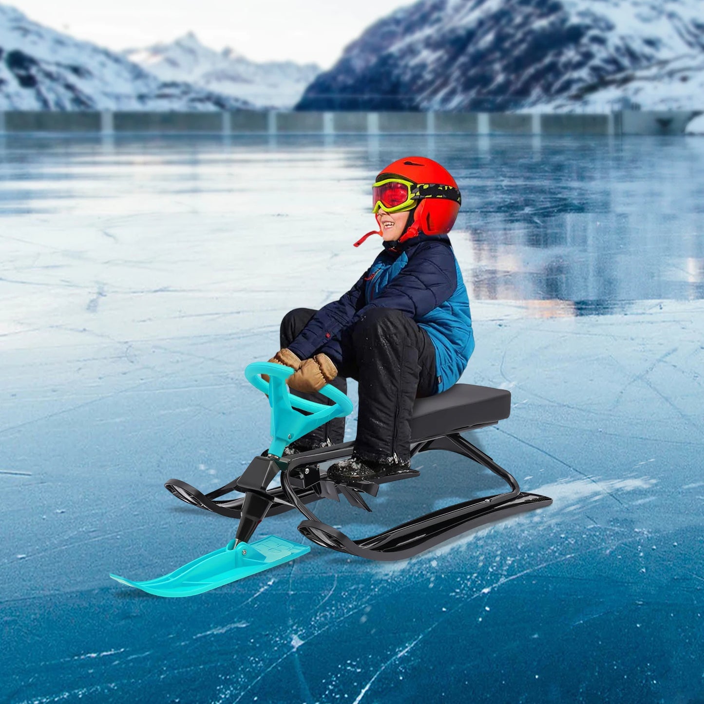 Kids Skis Snowmobiles Snow Racer Sled with Steering Wheel Brake Anti-slip Pedals Grass Sand Skiing Winter Outdoor Entertainment