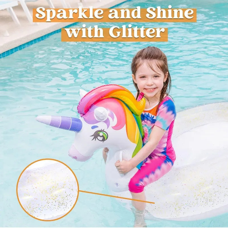 Joyyf Unicorn Pool Float Inflatable Rainbow Floaty with Glitters Fun Pool Float Ride On Unicorn Beach Lake Floaties Raft Lounge
