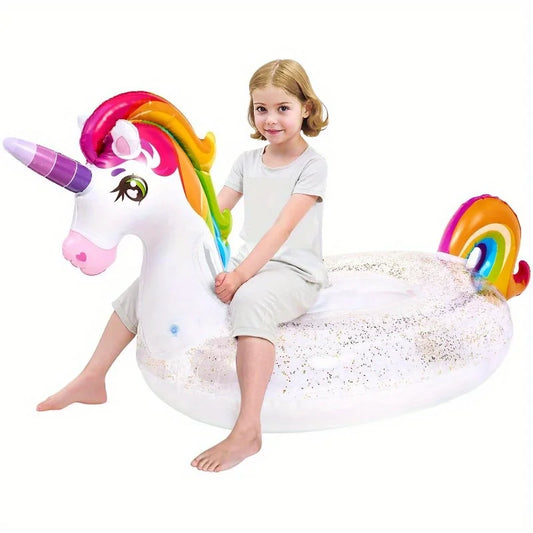 Joyyf Unicorn Pool Float Inflatable Rainbow Floaty with Glitters Fun Pool Float Ride On Unicorn Beach Lake Floaties Raft Lounge