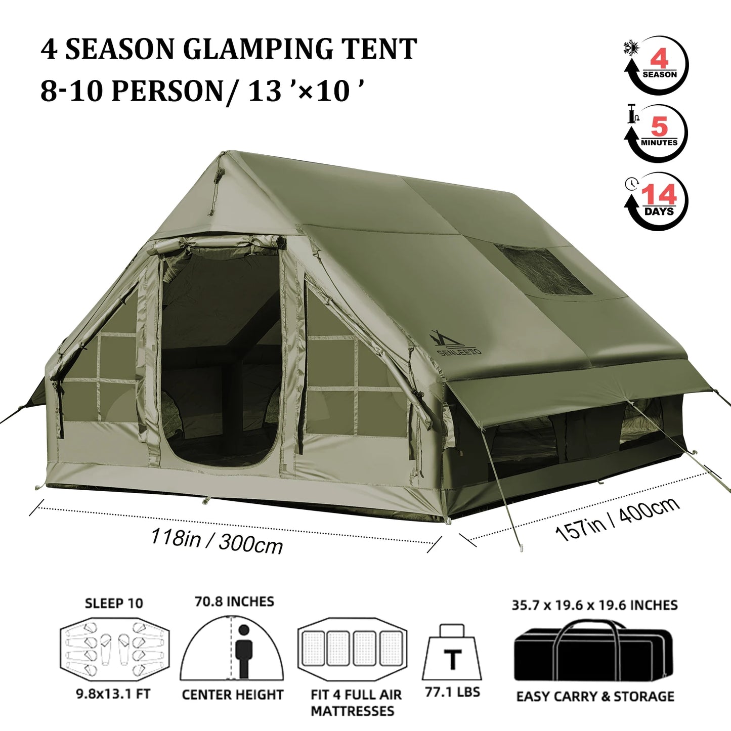 SENLEETO Waterproof Windproof Inflatable Tent For Camping Four Season Glamping