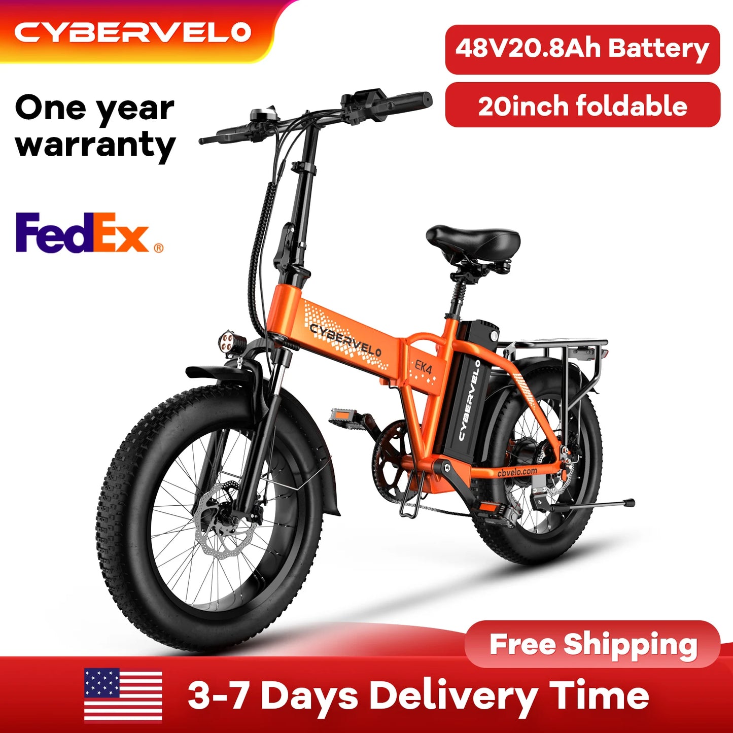 Cybervelo 1000W Folding Electric Bike, 48V 20AH Removable Battery for Adults, 30+MPH 80Miles Max Range, 20"Fat Tire 7-Speed EK4