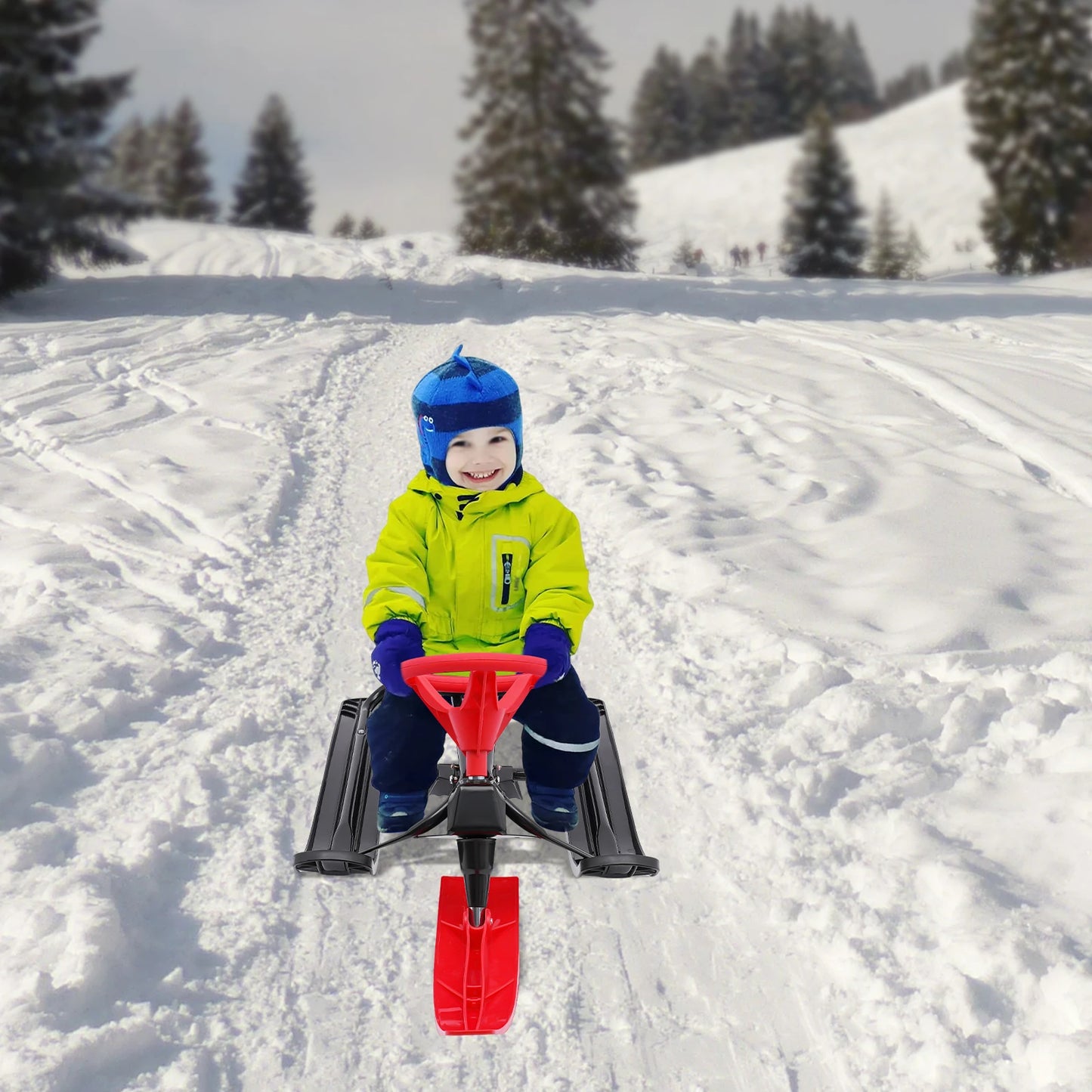 Kids Skis Snowmobiles Snow Racer Sled with Steering Wheel Brake Anti-slip Pedals Grass Sand Skiing Winter Outdoor Entertainment